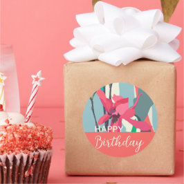 ハッピーバースデーカラフルピンクマグノリア抽象芸術 ラウンドシール