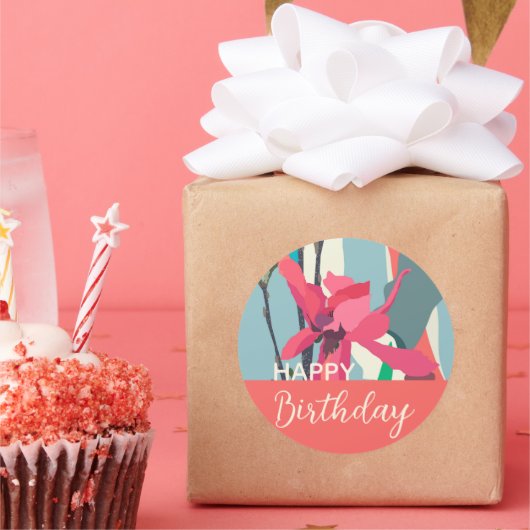 ハッピーバースデーカラフルピンクマグノリア抽象芸術 ラウンドシール (パーティー)