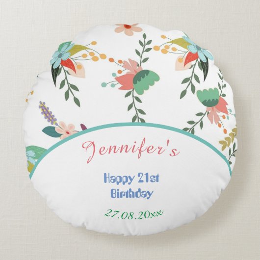 ハッピーバースデーカラフルフローラ ラウンドクッション (正面)