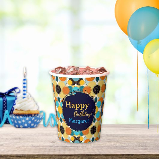 ハッピーバースデーカラフルレトロ80のパーソナライズ 紙コップ