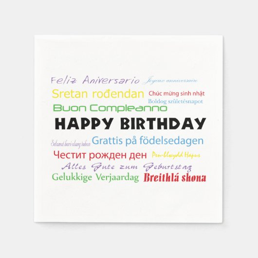 ハッピーバースデーカラフル多言語タイポグラフィ スタンダードカクテルナプキン (正面)