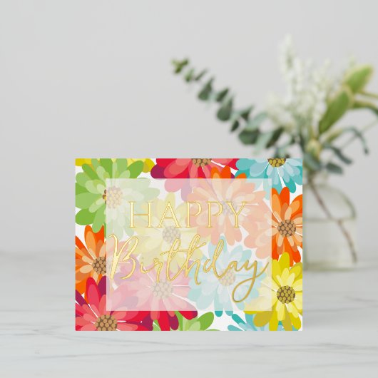 ハッピーバースデーカラフル春の花金ゴールド 箔シーズンポストカード (立ち正面)