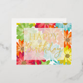 ハッピーバースデーカラフル春の花金ゴールド 箔シーズンポストカード (正面/裏面)