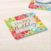 ハッピーバースデーカラフル春の花 スクエアペーパーコースター (アングル)