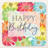 ハッピーバースデーカラフル春の花 スクエアペーパーコースター (正面)