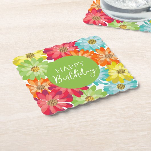 ハッピーバースデーカラフル春の花 ペーパーコースター (アングル)