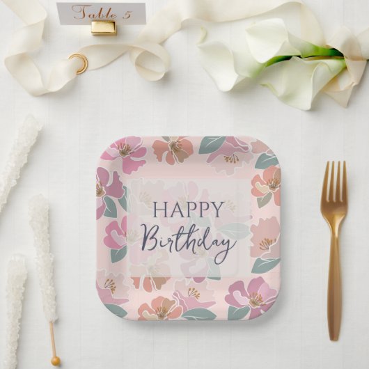 ハッピーバースデーカラフル春の花 ペーパープレート (ウェディング)