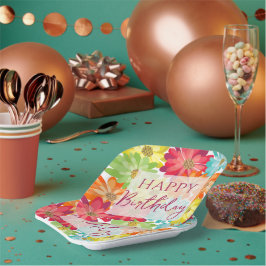 ハッピーバースデーカラフル春の花 ペーパープレート