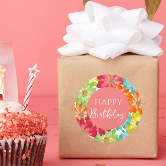 ハッピーバースデーカラフル春の花 ラウンドシール (パーティー)