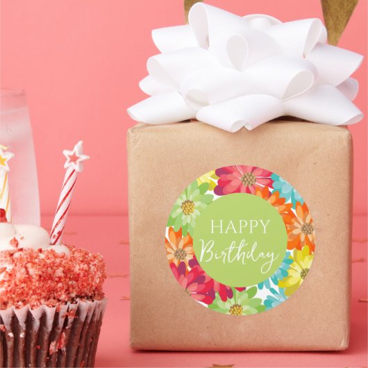ハッピーバースデーカラフル春の花 ラウンドシール (パーティー)
