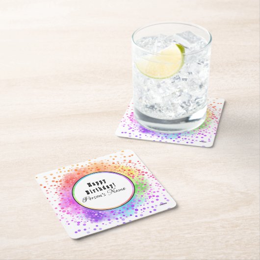 ハッピーバースデーカラフル紙コースター – HAMbyWG スクエアペーパーコースター (インサイチュ)