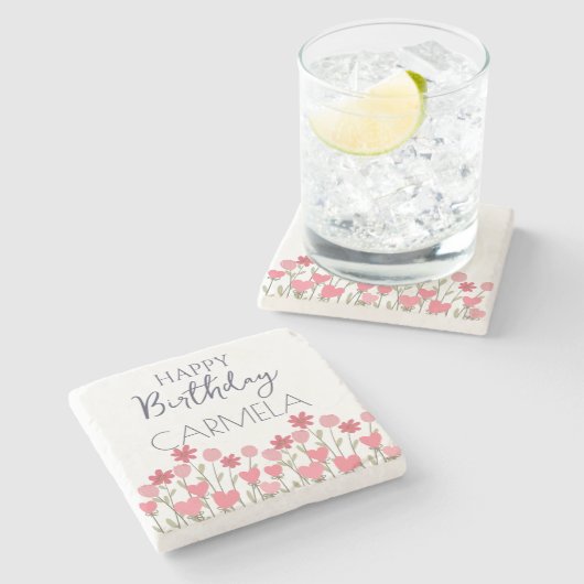 ハッピーバースデーカラフル花とハートパーティー ストーンコースター (横)