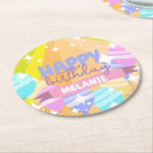 ハッピーバースデーカラフル風船が輝く ラウンドペーパーコースター (アングル)