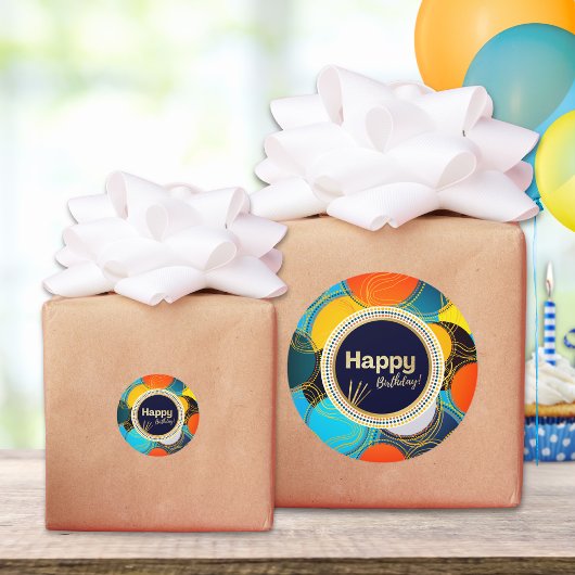 ハッピーバースデーカラフル80のレトロ抽象芸術ブルー ラウンドシール