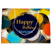 ハッピーバースデーカラフル80のレトロ抽象芸術金ゴールド ラージペーパーバッグ (正面)