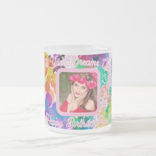 ハッピーバースデーカラフル《写真》ぼけ味泡ピンク写真 フロストグラスマグカップ (中央)
