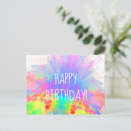 ハッピーバースデーカラーバーストレインボー抽象芸術 ポストカード (スタンド正面)