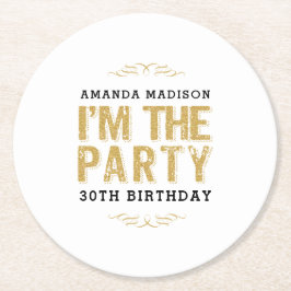 ハッピーバースデーカワイイアイザパーティー金ゴールドタイポグラフィ ラウンドペーパーコースター