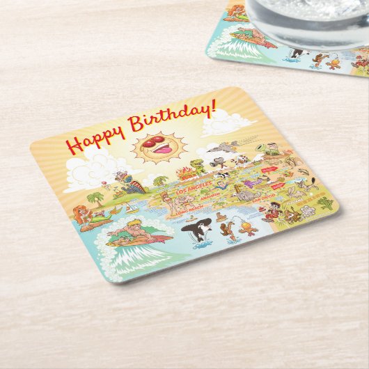 ハッピーバースデーカートゥーンカリフォルニアスクエアコースター スクエアペーパーコースター (アングル)