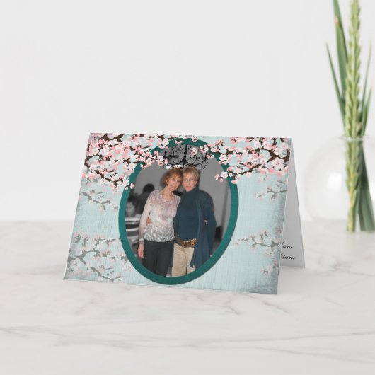 ハッピーバースデーカードさくらんぼブロッサムヴィンテージティール（緑がかった色） カード (正面)