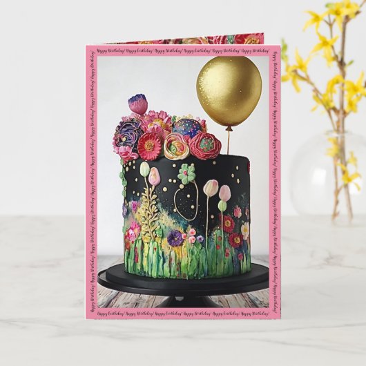 ハッピーバースデーカードとアールデコケーキと風船 カード (黄色い花)