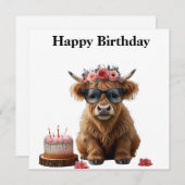 ハッピーバースデーカードとハイランド牛。おもしろカード シーズンカード (正面/裏面)