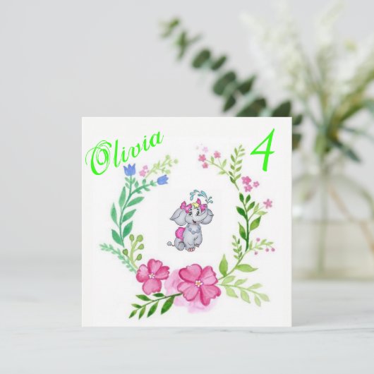 ハッピーバースデーカードのご招待　ゾウさんとお花 招待状 (スタンド正面)