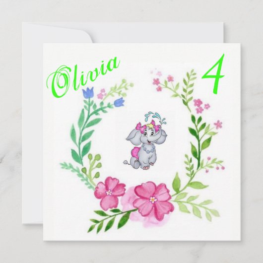 ハッピーバースデーカードのご招待　ゾウさんとお花 招待状 (正面)