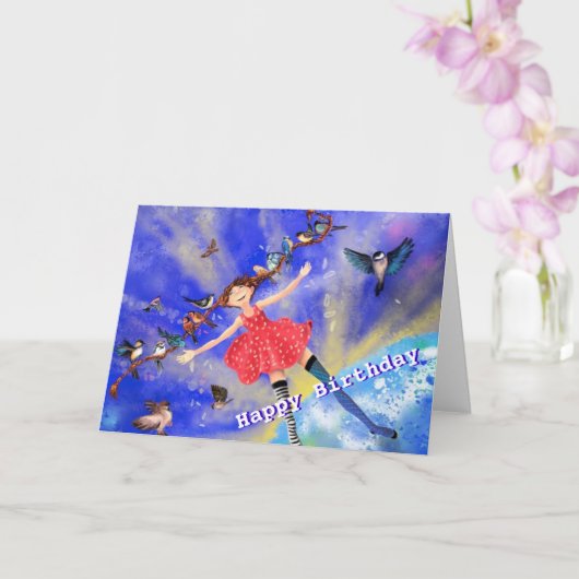 ハッピーバースデーカードガールと鳥 – あなたの名前 カード (蘭)