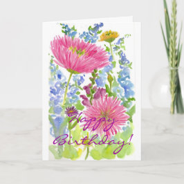 ハッピーバースデーカードピンクのダリアの花束の水彩画 カード