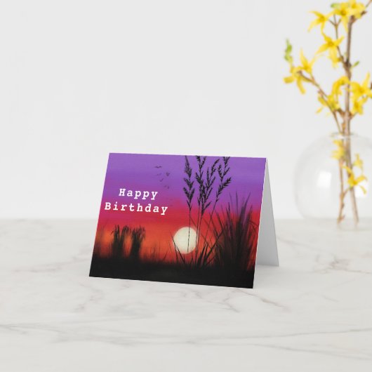 ハッピーバースデーカードレイクサンセットナイトランドスケープ カード (黄色い花)