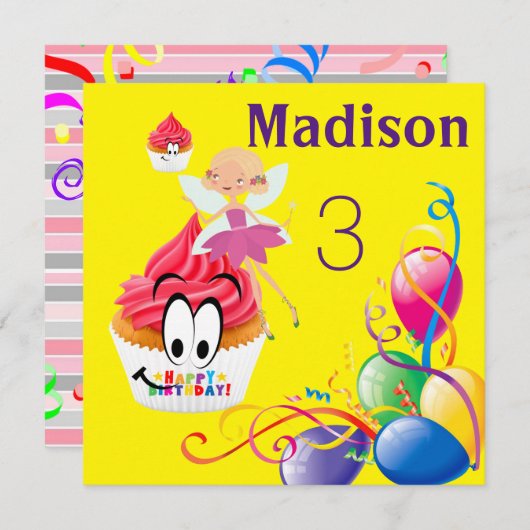 ハッピーバースデーカード招待ストライプフェアリーカップケーキ 招待状 (正面/裏面)