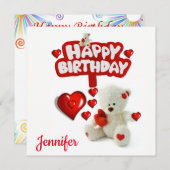 ハッピーバースデーカード招待状ホワイトテディベア 招待状 (正面/裏面)