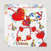 ハッピーバースデーカード招待状赤いハート 招待状 (正面/裏面)