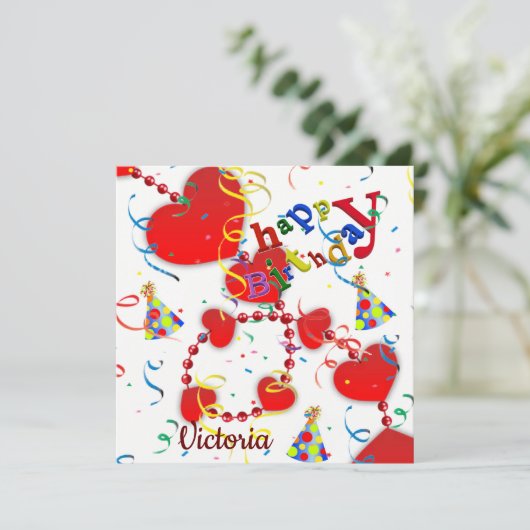 ハッピーバースデーカード招待状赤いハート 招待状 (スタンド正面)