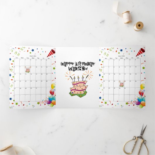 ハッピーバースデーカード2022年3月カレンダー3折 三つ折りカード (内部)