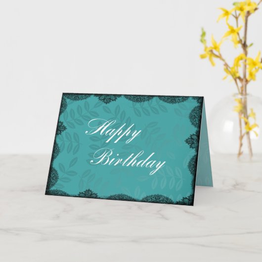 ハッピーバースデーカード – ティール(緑がかった色)ヴィンテージレース カード (黄色い花)