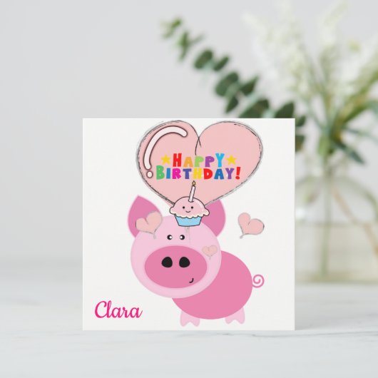 ハッピーバースデーカード　ピンクの豚の招待状 招待状 (スタンド正面)