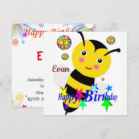 ハッピーバースデーカード　招待　ミツバチ 招待状 (正面/裏面)