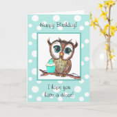 ハッピーバースデーカード、水色フクロウとカップケーキ カード (黄色い花)