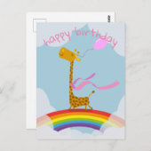 ハッピーバースデーカード(虹色にキリンが付いている) ポストカード (正面/裏面)