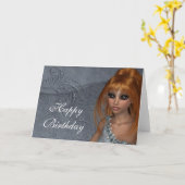 ハッピーバースデーカード – 赤頭ファンタジー女性2 カード (黄色い花)