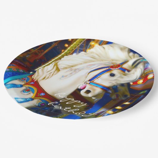 ハッピーバースデーカーニバル回転木馬馬写真おもしろい ペーパープレート (アングル)