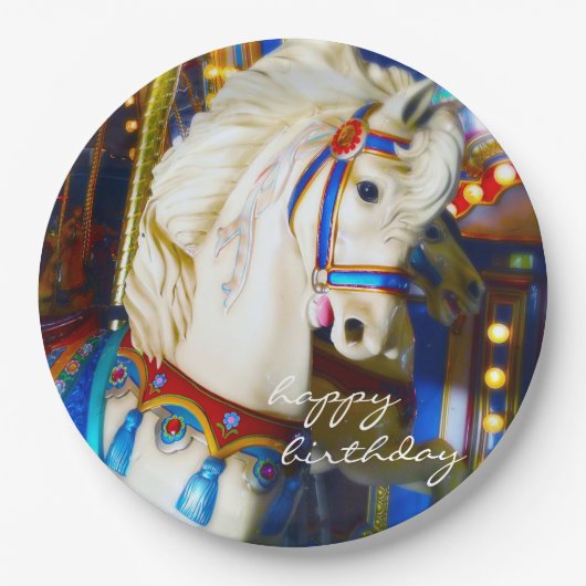 ハッピーバースデーカーニバル回転木馬馬写真おもしろい ペーパープレート (正面)