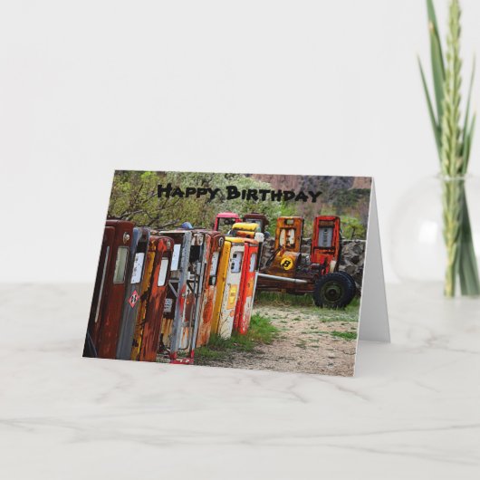 ハッピーバースデーガスポンプ、レースカーユーモア カード (正面)