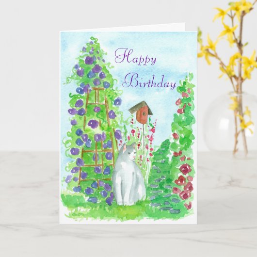 ハッピーバースデーガーデンキャットウォーターカラーフラワーアート カード (黄色い花)