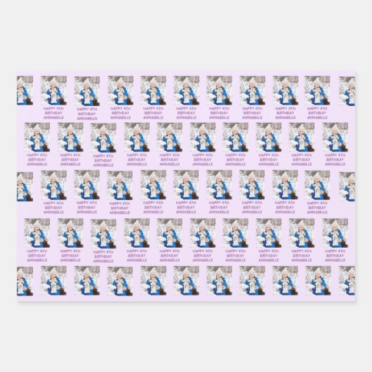 ハッピーバースデーガーリー名とフォトピンクと薄紫 ラッピングペーパーシート (正面3)