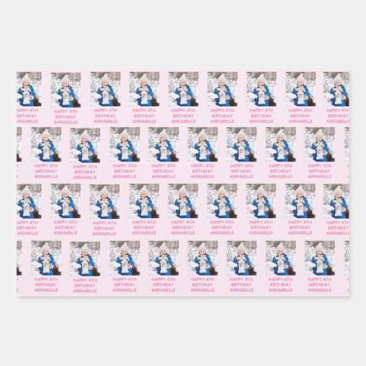 ハッピーバースデーガーリー名とフォトピンクと薄紫 ラッピングペーパーシート (正面2)