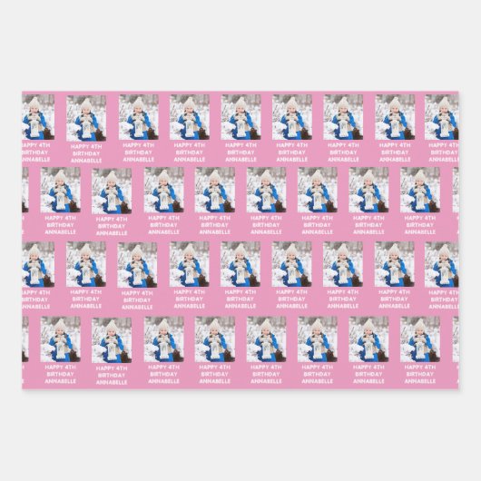 ハッピーバースデーガーリー名とフォトピンクと薄紫 ラッピングペーパーシート (正面)