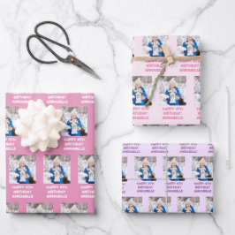 ハッピーバースデーガーリー名とフォトピンクと薄紫 ラッピングペーパーシート